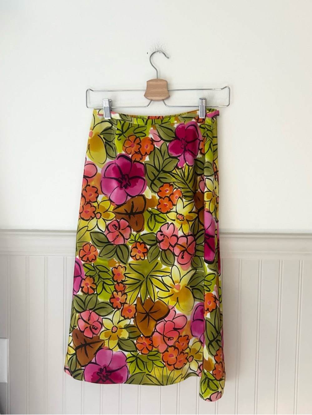 Laura Ashley 4 Petite 100% Silk Green Floral Midi Skirt Pink Orange Blooms - Picture 3 of 6